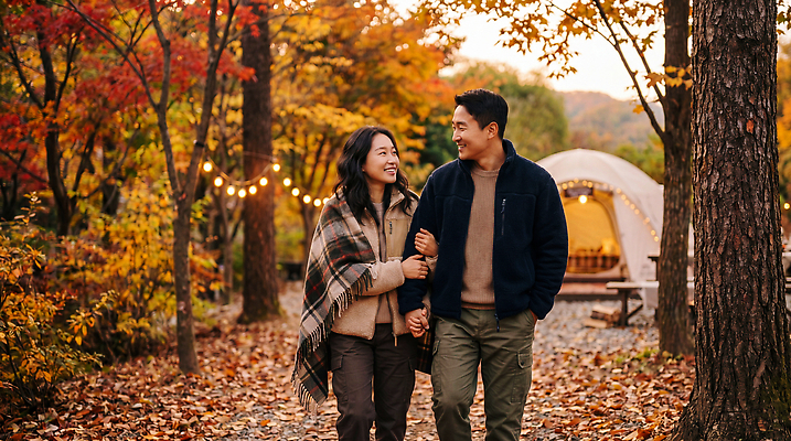 JPG 편집이미지 부부 여자 남자 길 자연 단풍나무 따뜻함 텐트 두명 걷기 손잡기 산책 가을 분위기 숲 의료성형뷰티 글램핑 편집실사 AI인물포토 AI콘텐츠 나무 커플 계절 컨셉 단풍 모션 휴식 캠핑도구 사람 캠핑 CG 생태계 파일형식 AI포토 식물 잎 관계 레저 도구