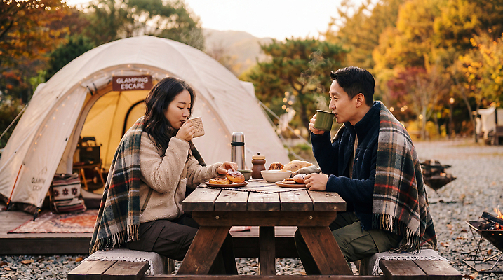 JPG 편집이미지 부부 여자 남자 음식 자연 탁자 아침 텐트 야외 식사 가을 편안함 캠핑장 브런치 따뜻한음료 의료성형뷰티 글램핑 편집실사 AI인물포토 AI콘텐츠 주간 커플 계절 음료 가구 캠핑도구 사람 캠핑 감각 CG 생태계 파일형식 AI포토 자연요소 생활용품 관계 레저 도구 오브젝트