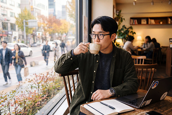 JPG 편집이미지 남자 창 커피 음료 의자 거리 여러명 노트북 컴퓨터 카페 작업 의료성형뷰티 편집실사 AI인물포토 AI콘텐츠 가구 다수 사람 전자제품 상점 CG 파일형식 AI포토 생활용품 오브젝트