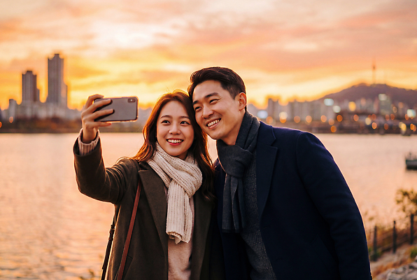 JPG 편집이미지 부부 여자 남자 데이트 웃음 풍경 빌딩 강 일몰 산책 로맨틱 도시 강가 셀프카메라 한강 의료성형뷰티 편집실사 AI인물포토 AI콘텐츠 커플 컨셉 휴식 서울 표정 사람 건물 노을 사진촬영 CG 랜드마크 파일형식 AI포토 자연요소 건축물 관계 한국 촬영 건축 아시아 나라