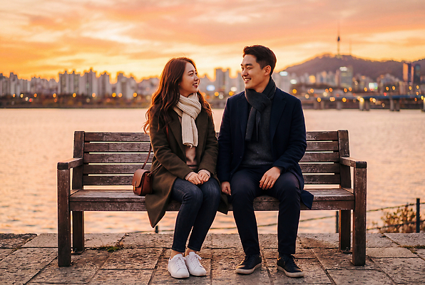 JPG 편집이미지 부부 여자 남자 벤치 데이트 대화 사랑 미소 풍경 빛 강 일몰 산책 로맨틱 도시 저녁 한강 의료성형뷰티 편집실사 AI인물포토 AI콘텐츠 커플 감정 컨셉 의자 휴식 서울 표정 말하기 사람 노을 밤 야간 CG 랜드마크 파일형식 AI포토 자연요소 가구 관계 모션 한국 아시아 생활용품 나라 오브젝트