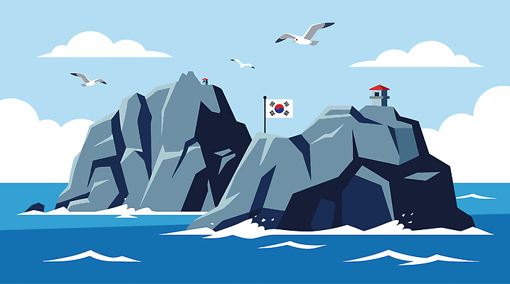 바다 섬 일러스트 자연 갈매기 하늘 한국 풍경 바위 깃발 동해 독도 독도는우리땅 독도의날 국내일러스트 AI파일 아시아 조류 생태계 파일형식 벡터 법정기념일 동물 기념일 나라 이벤트