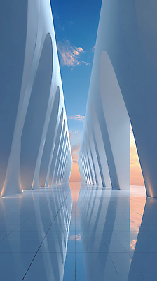 JPG 편집이미지 디자인 건축 길 하늘 바닥 풍경 빛 반사 고요 공간 흰색 구조물 아치 이미지편집 AI포토 AI콘텐츠 컬러 파일형식