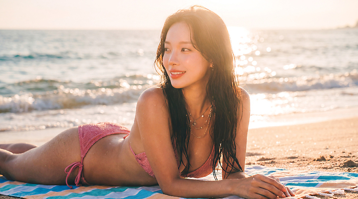 JPG 편집이미지 여자 수영복 모래 바다 휴식 해변 여름 비키니 햇빛 태양 일몰 의료성형뷰티 편집실사 AI인물포토 AI콘텐츠 자연요소 옷 계절 컨셉 사람 빛 노을 CG 파일형식 AI포토