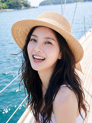 JPG 편집이미지 모자 여자 수영복 바다 바람 웃음 풍경 여름 햇빛 배 시원함 즐거움 의료성형뷰티 편집실사 AI인물포토 AI콘텐츠 자연요소 잡화 옷 계절 감정 날씨 표정 사람 빛 CG 파일형식 AI포토