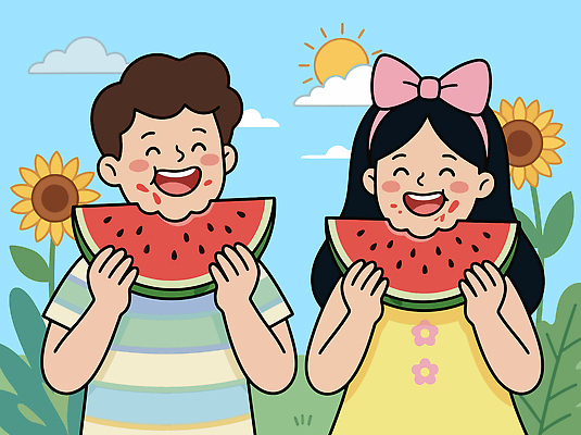 자연요소 계절 꽃 감정 음식 과일 관계 방학 표정 사람 여름 야외활동 맛 생태계 파일형식 벡터 수박 웃음 해바라기 태양 즐거움 소풍 친구 자연 달콤 디저트 행복 어린이 AI파일 국내일러스트 일러스트 휴가 여름방학