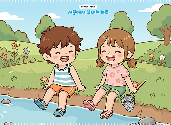 나무 꽃 어린이 일러스트 가족 자연 놀이 웃음 일상 물 여름 친구 시골 강가 즐거움 국내일러스트 AI파일 자연요소 식물 계절 감정 관계 표정 사람 라이프 강 생태계 파일형식 벡터 생활