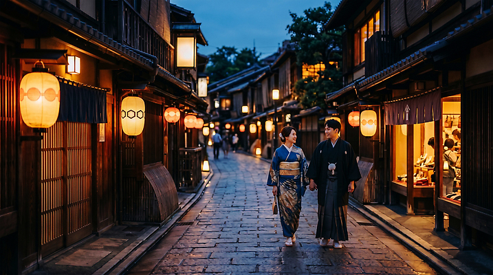 JPG 편집이미지 여자 남자 문화 여행 거리 여러명 걷기 상점 일본 등불 골목길 저녁 전통의상 의료성형뷰티 편집실사 AI인물포토 AI콘텐츠 전통 아시아 길 다수 모션 조명 사람 밤 야간 CG 파일형식 AI포토 자연요소 나라