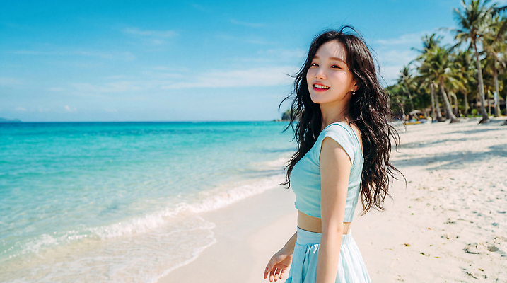 JPG 편집이미지 여자 파도 바다 여행 하늘색 자연 하늘 바람 미소 풍경 해변 여름 야자수 걷기 맑음 해수욕 의료성형뷰티 편집실사 AI인물포토 AI콘텐츠 자연요소 나무 계절 모션 날씨 휴가 표정 사람 파란색 CG 생태계 파일형식 AI포토 식물 컬러