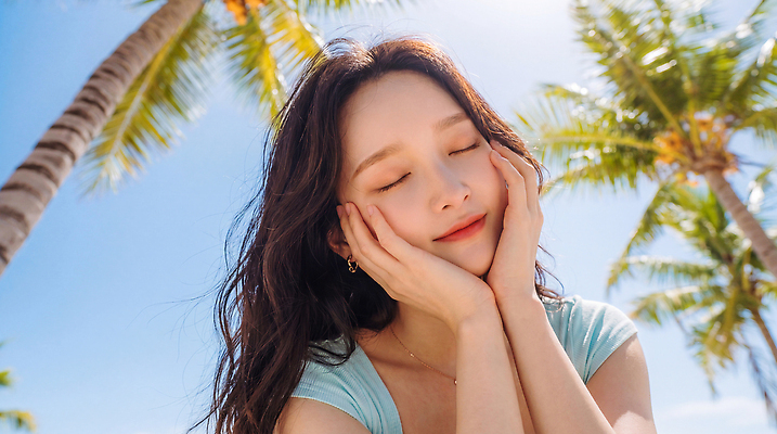 JPG 편집이미지 여자 얼굴 여행 하늘색 자연 하늘 바람 날씨 휴식 해변 여름 야자수 의료성형뷰티 편집실사 AI인물포토 AI콘텐츠 자연요소 나무 계절 바다 컨셉 사람 신체부위 파란색 CG 생태계 파일형식 AI포토 식물 컬러