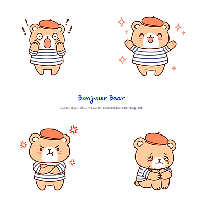 캐릭터 감정 일러스트 곰 표정 웃음 귀여움 놀람 기쁨 프랑스 슬픔 분노 베레모 일러캐릭터 AI파일 동물 모자 유럽 컨셉 포유류 파일형식 벡터 잡화 나라