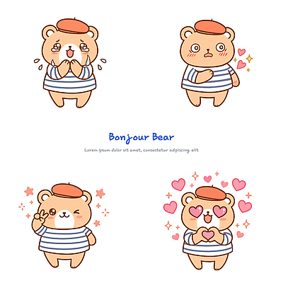 캐릭터 모자 감정 포즈 일러스트 곰 사랑 웃음 귀여움 기쁨 프랑스 슬픔 하트 브이 베레모 일러캐릭터 AI파일 모양 동물 잡화 유럽 컨셉 포유류 표정 손짓 파일형식 벡터 나라 모션