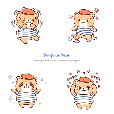 모자 감정 티셔츠 일러스트 곰 표정 귀여움 줄무늬 프랑스 분노 눈물 베레모 어지러운 일러캐릭터 AI파일 동물 캐릭터 잡화 유럽 컨셉 셔츠 무늬 포유류 파일형식 벡터 나라 상의 옷
