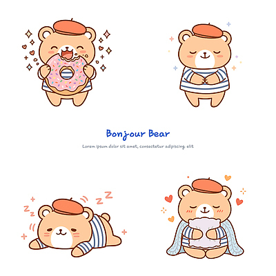 캐릭터 행복 엎드리기 포즈 일러스트 곰 베개 안기 사랑 웃음 프랑스 인사 잠 도넛 베레모 봉쥬르 일러캐릭터 AI파일 동물 모자 감정 유럽 포유류 침구 모션 디저트 표정 예절 파일형식 벡터 잡화 나라 음식