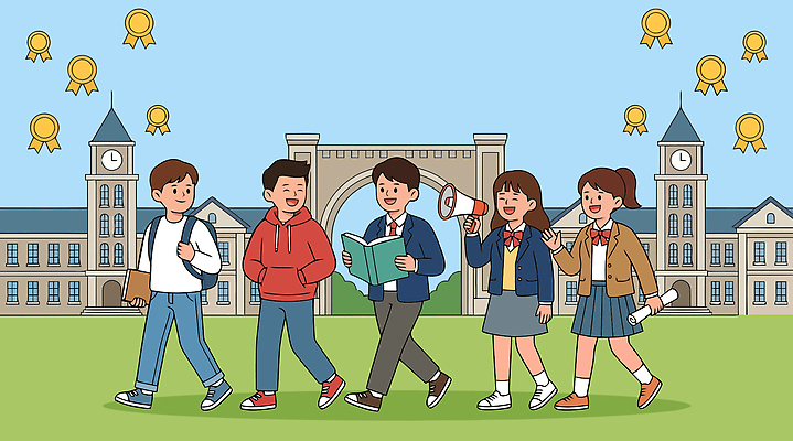 학생 교육 교복 일러스트 대화 웃음 친구 상 즐거움 대학교 학창시절 평가 국내일러스트 AI파일 옷 감정 학교 관계 표정 말하기 상패 파일형식 벡터 모션 우승 최고