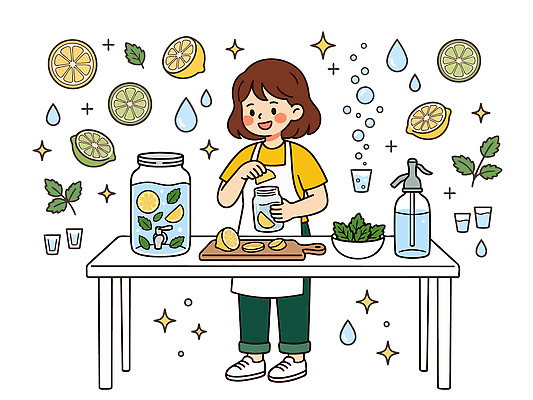 여자 음료 과일 일러스트 재료 탁자 요리 물 여름 주방 수분 레몬 민트 준비 만들기 수분섭취 청량음료 국내일러스트 AI파일 자연요소 계절 가구 모션 사람 허브 파일형식 벡터 식물 생활용품 오브젝트
