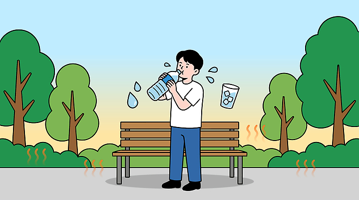 나무 공원 남자 벤치 일러스트 자연 하늘 날씨 휴식 건강 일상 물 여름 마시기 더위 수분 물병 외출 폭염주의보 국내일러스트 AI파일 자연요소 식물 계절 공공시설 컨셉 의자 모션 사람 라이프 자연재해 물통 생태계 파일형식 벡터 가구 생활 시설 재해 생활용품 오브젝트