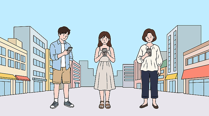 건축물 계절 사람 성인 핸드폰 스마트기기 자연재해 파일형식 벡터 거리 스마트폰 남자 여자 세명 건물 일렬 여름 청년 일러스트 국내일러스트 AI파일 폭염주의보