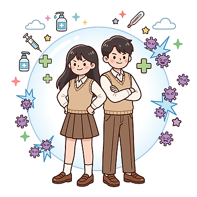 학생 여자 교육 남자 일러스트 의학 건강 안전 친구 약 보호 위생 손씻기 박테리아 소독제 예방접종 접종 국내일러스트 HPV AI파일 컨셉 관계 사람 바이러스 씻기 파일형식 벡터 청결