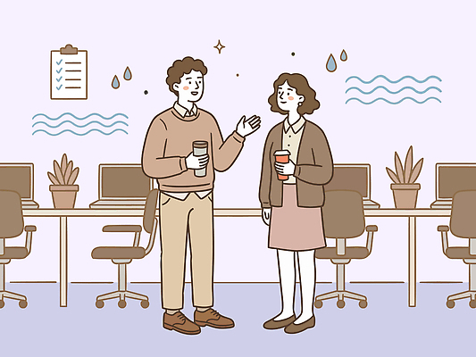 식물 여자 남자 커피 일러스트 휴식 직장 대화 친구 컴퓨터 사무실 만남 업무 직장인 더위 소통 휴식처 국내일러스트 AI파일 직업 음료 컨셉 회사 비즈니스 관계 날씨 말하기 사람 전자제품 작업 파일형식 벡터 모션