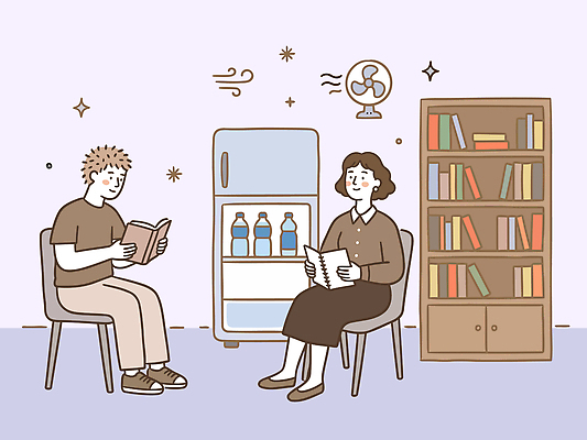 여자 남자 의자 일러스트 가족 휴식 책장 실내 취미 책 여름 친구 독서 더위 물병 냉장고 휴식처 국내일러스트 AI파일 계절 가구 컨셉 관계 날씨 사람 내부 가전제품 물통 파일형식 벡터 생활용품 오브젝트