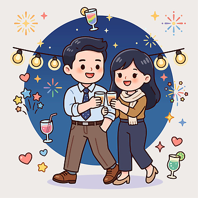 커플 음료 일러스트 조명 웃음 장식 파티 축제 기쁨 만남 축하 쌍 분위기 저녁 별빛 국내일러스트 AI파일 감정 별 컨셉 관계 표정 이벤트 빛 밤 야간 파일형식 벡터 자연요소