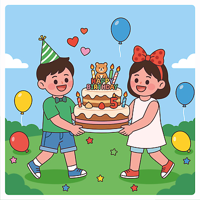 기념일 어린이 일러스트 초 웃음 장식 친구 케이크 곰인형 축하 생일파티 생일 즐거움 풍선 국내일러스트 AI파일 감정 인형 컨셉 관계 디저트 표정 사람 이벤트 파일형식 벡터 음식