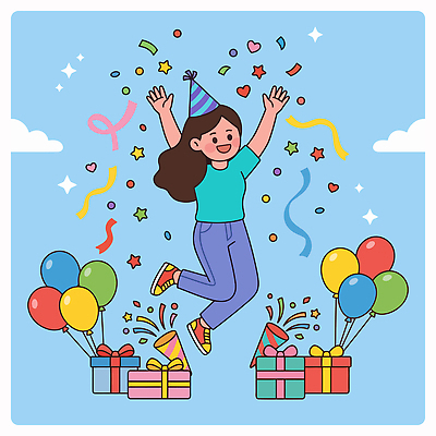 일러스트 선물 웃음 장식 파티 기쁨 축하 생일 즐거움 꽃가루 풍선 국내일러스트 AI파일 기념일 감정 컨셉 표정 이벤트 가루 파일형식 벡터