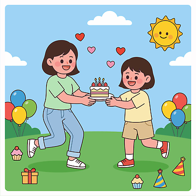어린이 일러스트 가족 엄마 선물 웃음 케이크 축하 생일 즐거움 풍선 국내일러스트 AI파일 기념일 감정 컨셉 관계 디저트 표정 사람 파일형식 벡터 음식 이벤트