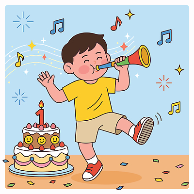 어린이 일러스트 가족 웃음 소년 장식 친구 파티 귀여움 케이크 기쁨 축하 생일 나팔 즐거움 잔치 꽃가루 한살 국내일러스트 AI파일 기념일 남자 감정 악기 컨셉 관계 디저트 표정 사람 이벤트 가루 연령 파일형식 벡터 음악 음식 문화예술