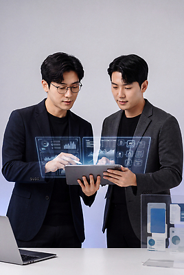 JPG 편집이미지 남자 그래프 협력 기술 대화 전자제품 태블릿 사무실 디지털 스크린 자료 정보 업무 분석 의료성형뷰티 편집실사 AI컴퓨터그래픽 AI콘텐츠 컨셉 비즈니스 말하기 사람 스마트기기 작업 CG 파일형식 모션