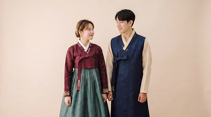JPG 편집이미지 전통 커플 응시 옷 여자 명절 남자 감정 문화 한국 웃음 사람 한복 의료성형뷰티 편집실사 AI인물포토 AI콘텐츠 한국전통 시선 기념일 아시아 관계 표정 전통의상 CG 파일형식 AI포토 나라 이벤트