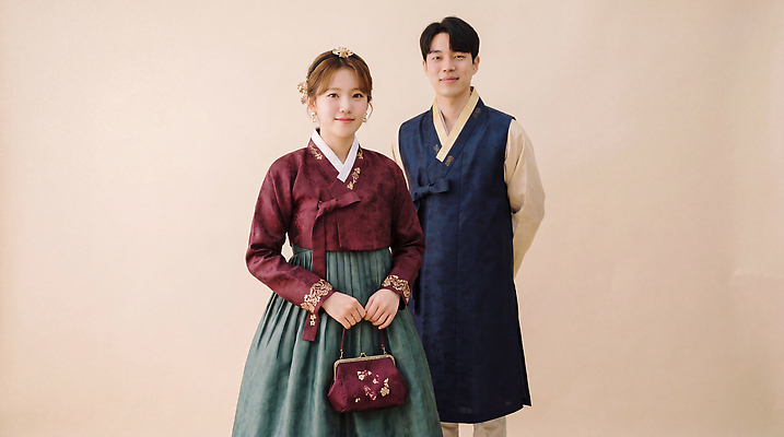 JPG 편집이미지 전통 옷 여자 명절 남자 문화 가방 한국 한복 저고리 의료성형뷰티 편집실사 AI인물포토 AI콘텐츠 한국전통 잡화 기념일 아시아 사람 전통의상 CG 파일형식 AI포토 나라 이벤트