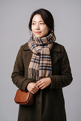 JPG 편집이미지 여자 패션 얼굴 겨울 가방 따뜻함 한명 미소 목도리 코트 체크무늬 가을여행 의료성형뷰티 스타일 편집실사 AI인물포토 AI콘텐츠 1 잡화 계절 여행 무늬 표정 사람 신체부위 외투 가을 CG 파일형식 AI포토 상의 옷