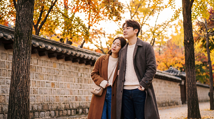 JPG 나무 편집이미지 커플 여자 남자 길 단풍 함께함 돌담 사랑 걷기 기댐 코트 가을 돌담길 의료성형뷰티 편집실사 AI인물포토 AI콘텐츠 식물 계절 감정 컨셉 잎 관계 모션 사람 담장 외투 돌 바위 CG 파일형식 AI포토 상의 옷