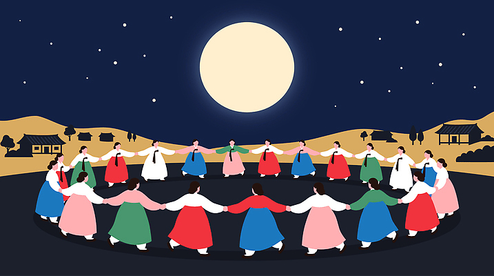 도형 한국전통 전통 명절 기념일 다수 문화예술 사람 공휴일 전통놀이 달 밤 야간 전통의상 파일형식 벡터 강강술래 추석 달빛 원형 여러명 한복 저녁 축제 문화 모임 음악 춤 연휴 일러스트 국내일러스트 AI파일