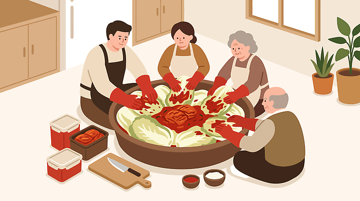 전통 여자 노년 남자 문화 한식 음식 일러스트 재료 가족 김치 함께함 요리 식사 맛 즐거움 배추 고무장갑 김장 손질 국내일러스트 AI파일 감정 장갑 컨셉 채소 관계 사람 성인 고무 파일형식 벡터 잡화