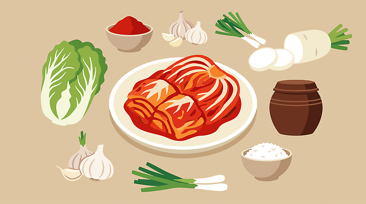 한식 음식 채소 일러스트 재료 반찬 김치 마늘 요리 식사 전통음식 항아리 무 찌개 배추 김장 파 발효음식 고춧가루 김장재료 흰밥 국내일러스트 AI파일 전통 식재료 밥 뿌리채소 도자기 가루 파일형식 벡터