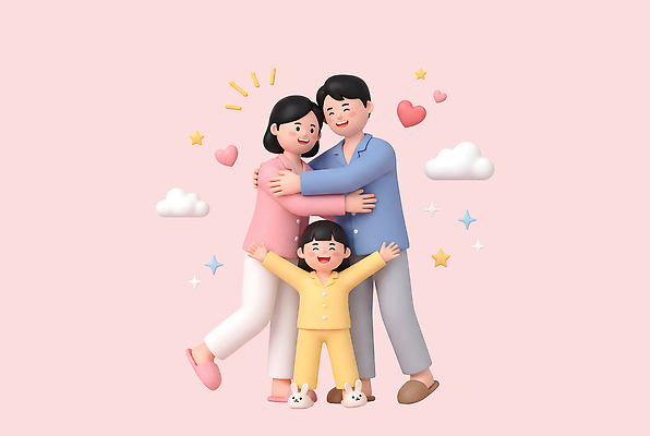 PSD 편집이미지 여자 남자 행복 감정 어린이 분홍색 포즈 가족 안기 사랑 웃음 부모 하트 즐거움 편집3D 모양 컬러 관계 모션 표정 사람 3D 파일형식 디지털합성