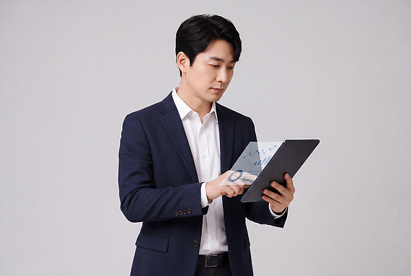 JPG 편집이미지 남자 비즈니스 기술 표정 사람 정장 전자제품 태블릿 사무실 업무 작업 비즈니스맨 집중 의료성형뷰티 편집실사 AI인물포토 AI콘텐츠 옷 컨셉 스마트기기 직장인 CG 파일형식 AI포토 직업