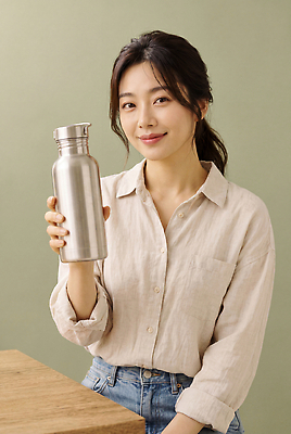 JPG 편집이미지 여자 포즈 셔츠 일상 촬영 물병 친환경 스테인레스 텀블러 의료성형뷰티 편집실사 AI인물포토 AI콘텐츠 상의 사람 라이프 컵 환경 물통 CG 파일형식 AI포토 식기 옷 생활
