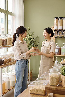 컨셉 관계 병_용기 표정 말하기 사람 환경 CG 파일형식 AI포토 상점 대화 유리병 미소 친구 판매 음식 재료 소통 직원 고객 쇼핑 편집이미지 편집실사 JPG 의료성형뷰티 친환경 여자 AI콘텐츠 AI인물포토
