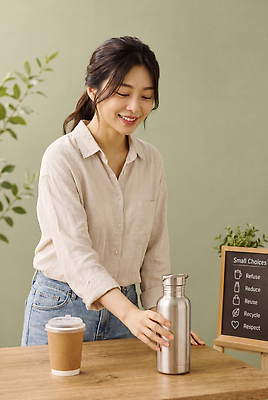 JPG 나무 편집이미지 여자 음료 탁자 환경 칠판 재활용 카페 선택 물병 고객 친환경 텀블러 테이크아웃컵 의료성형뷰티 편집실사 AI인물포토 AI콘텐츠 식물 가구 컨셉 사람 컵 상점 물통 CG 파일형식 AI포토 식기 생활용품 오브젝트