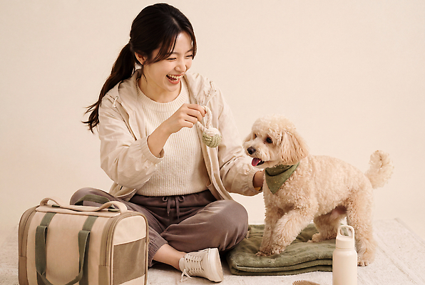 동물 감정 가방 모션 표정 사람 내부 반려동물 감각 개 CG 파일형식 반려용품 AI포토 여자 강아지 놀기 실내 장난감 행복 편안함 웃음 유대감 편집이미지 편집실사 JPG 이동가방 의료성형뷰티 AI콘텐츠 AI인물포토
