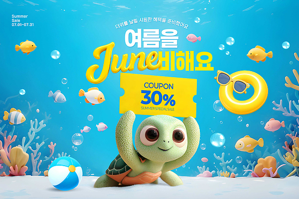PSD 편집이미지 캐릭터 바다 놀이 어류 이벤트 여름 세일 바닷속 즐거움 쿠폰 바다거북 7월 프로모션 이미지편집 계절 감정 수중 수중동물 날짜 거북이 파일형식 동물 파충류