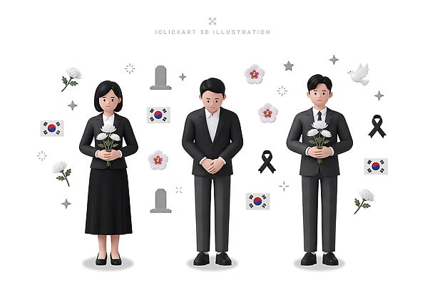PSD 편집이미지 전통 여자 남자 꽃 기념 한국 세명 슬픔 의식 태극기 애도 조화 현충일 고인 조문 편집3D 식물 기념일 감정 아시아 사람 3D 국기 파일형식 호국보훈의달 나라 이벤트 6월 디지털합성 날짜