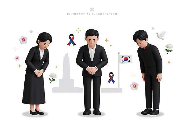 PSD 편집이미지 여자 기념일 남자 꽃 리본 한국 고개숙이기 깃발 애도 현충일 조문 편집3D 식물 아시아 숙이기 사람 이벤트 3D 파일형식 호국보훈의달 나라 포즈 6월 디지털합성 날짜