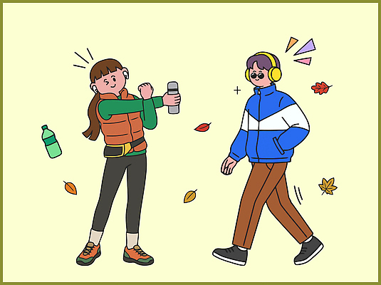 음악 일러스트 건강 사람 일상 운동복 운동 걷기 헤드폰 스트레칭 가을 산행 무선이어폰 국내일러스트 AI파일 옷 계절 이어폰 음향기기 모션 문화예술 라이프 등산 파일형식 벡터 생활 전자제품 트래킹 레저