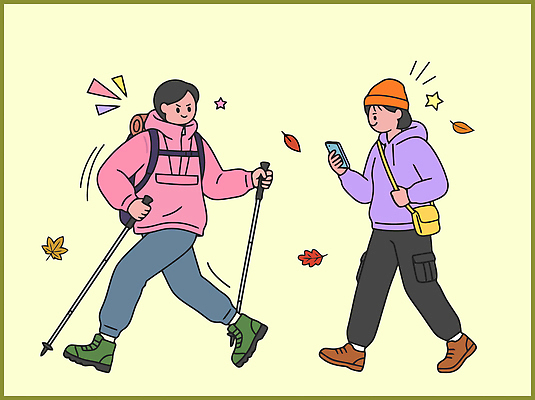 옷 여자 남자 일러스트 나뭇잎 사람 성인 친구 스마트폰 운동 걷기 등산 하이킹 만남 가을 등산가방 산행 등산스틱 국내일러스트 AI파일 계절 컨셉 잎 가방 관계 모션 레저 건강 핸드폰 스마트기기 트래킹 등산용품 파일형식 벡터 식물 잡화 전자제품 레포츠용품 스포츠용품 스포츠 오브젝트