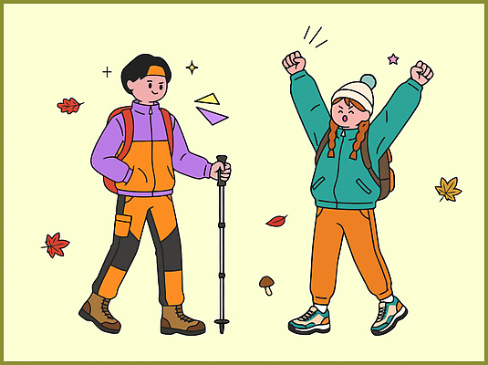 모자 일러스트 배낭 나뭇잎 사람 두명 친구 운동 등산 기쁨 하이킹 가을 즐거움 등산가방 산행 등산스틱 국내일러스트 AI파일 잡화 계절 감정 잎 가방 관계 레저 건강 트래킹 등산용품 파일형식 벡터 식물 레포츠용품 스포츠용품 스포츠 오브젝트